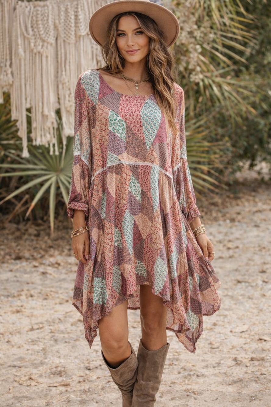 Nanette Lepore Patchwork Boho Sharkbite Hem Bell Sleeve Crochet Accent Dress 16